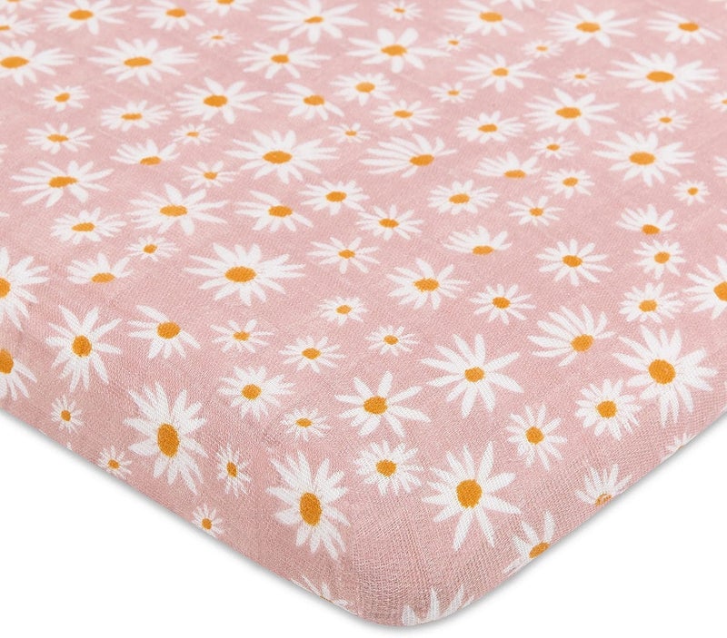 babyletto Muslin Baby Bassinet Sheets for Girls & Boys - GOTS Certified Breathable Organic Cotton Cover - 360° Fitted, Soft, Gentle, and Cozy Rectangle Bedside Bassinet Sheets - Daisy - Image 1